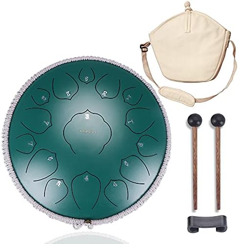 Steel Tongue Drum, MIRIO 15 Notes 14 inch C-Key - Handpan Percussion Instrument - with 4 Finger Cover&Tutorial Book for Meditation Entertainment Musical Education(Green)