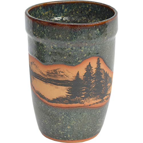 ALWAYS AZUL POTTERY 10 Inch Tall Mountain Scene Utensil Holder in Seamist Glaze - Handmade Ceramic Pottery Utensil Holder - Kitchen Storage Container- Countertop Organizer for Large Cutlery & Cookware