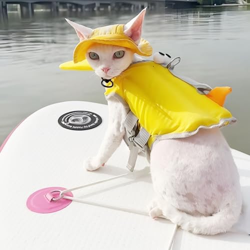 Cat Water Life Jacket for Cats, Cat Swimming Safety Vest, Adjustable Ripstop, Superior Buoyancy & Rescue Handle, Fits Chest 16.9–22", Neck 12.2–16.1", for Cats 11–22 lbs,Yellow