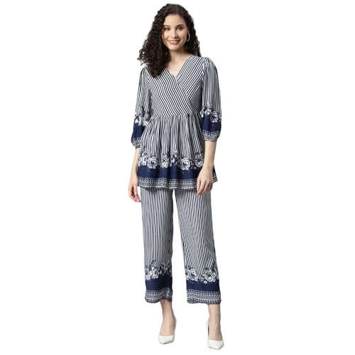 Image of DEEBACO Women's Stripes Print Rayon Top & Pants Co Ord Set for Women V Neck 3 /4 Puff Sleeve Ladies Party Casual Wear Fashionable for Girls Loose Fit Cord Set (DBCOMR00000980 M Multicolor)