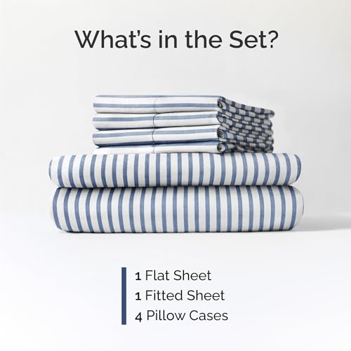 Image of Queen 6 Piece Bed Sheet Set - Breathable & Cooling Sheets - Blue Stripes | Ultra-Soft Hotel Luxury Bedding Set w / 8-16 Inch Deep Pockets, 1 Flat & 1 Fitted Sheet & 4 Pillowcases, Wrinkle & Fade Free