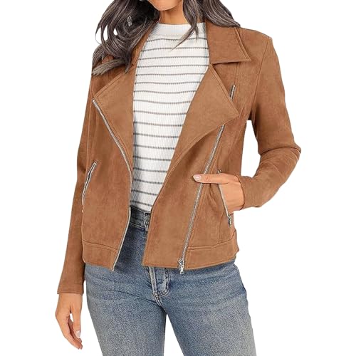 Veste courte en daim tendance pour femme, style motard, automne-hiver, manteau aviateur doux et décontracté, fermeture éclair, camel, grande taille