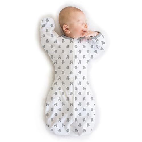 Image of Amazing Baby Transitional Swaddle Sack, Arms Up Half-Length Sleeves & Mitten Cuffs, Swaddle for Newborn Transition to Baby Sleep Sack Wearable Blanket, Small, 0-3 month, 6-14 lb, Sterling Tiny Bear