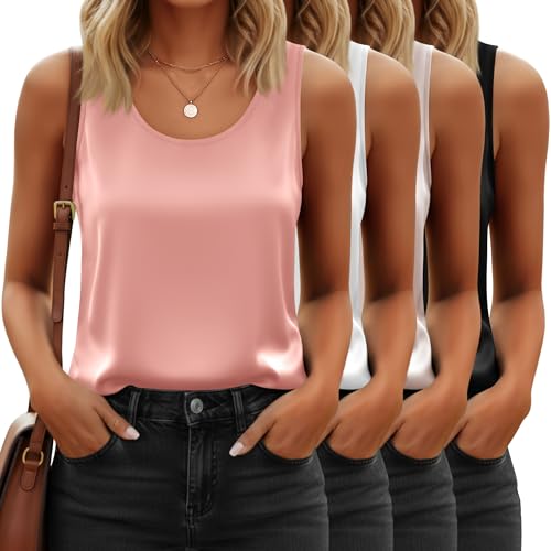 Image of 4 Pack Women's Lightweight Satin Tank Tops Silk Camisole Soft Sleeveless Layering Cami Scoop Neck Undershirt