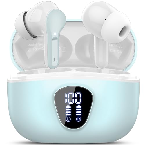 Ecouteurs Bluetooth sans Fil, Écouteurs Bluetooth 5.4 Oreillette Bluetooth Basses Immersives avec 4 ENC Mic, Casque Bluetooth sans Fil 46H avec Écran LED, Étanche IP7 Contrôle Tactile,Bleu Clair(2025)
