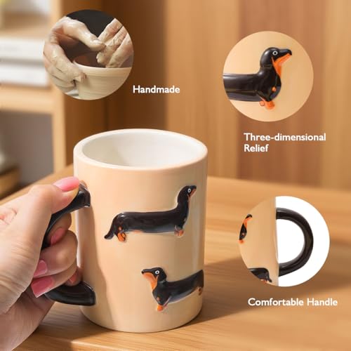 Textured Dachshund Coffee Mug, 16oz Ceramic Cup with 3D Relief Design, Beige with Black Handle Gift for Dog Lovers