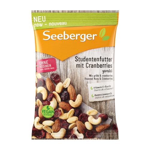 Seeberger Studentenfutter mit Cranberries: Nuss-Frucht-Mischung aus gerösteten Cashews, Mandeln und Erdnüssen - mit Cranberries - reich an Vitamin E, vegan (1 x 125 g)