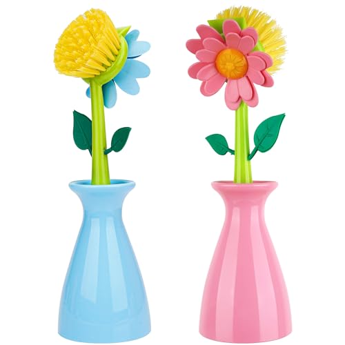 Image of Long Handle Flower Pot Brush, Florganic Dish Brush with Vase, Long Handle Dish Brushs Kitchen, for Cleaning Pot Pan Sink Kitchen Supplies Decorative Vase (2Pcs Pink, Blue)