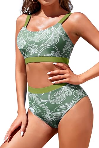 Image of Womens High Waisted Bikini Sets Sporty Crop Top Color Block Swimwear Bandeau Scoop Neck Vintage Two Piece Bathing Suits