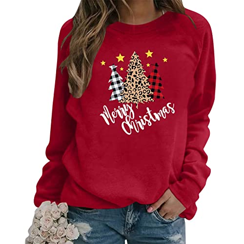 Moletom feminino xadrez leopardo estampa de árvore de natal moletom grande gola redonda pulôver mang