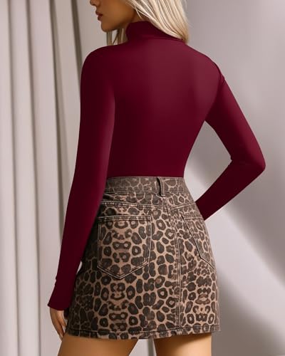 Image of MANGOPOP Women's Mock Neck /Turtle Neck Long Sleeve Modal Bodysuit Jumpsuit (Mock Neck - Burgundy, XX-Large)