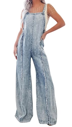 CHARTOU Women Loose Fit Denim Jumpsuit Adjustable Straps Wide Leg Long Pants Frayed Jean Overalls (X-Large, Blue)