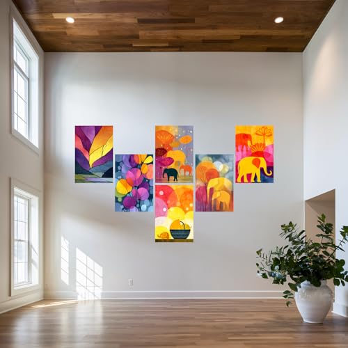 Image of SiddArtify Modern Abstract Wall Art Prints Set - Colorful Elephant Poster Decor for Living Room Bedroom Office - 8x12 Sticker Pack of 6