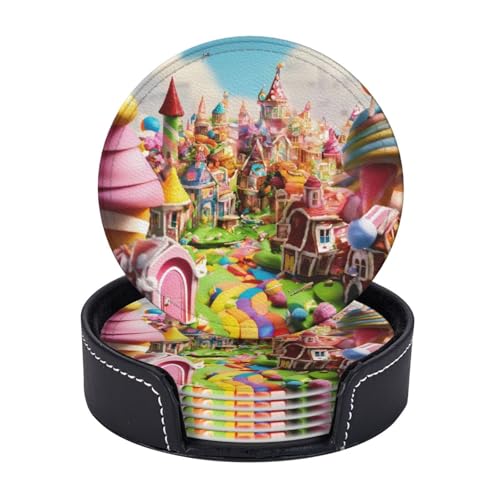 6 posavasos redondos de cuero con estampado de Candy Land con soporte para decoración de mesa de cocina, cafetería, bar