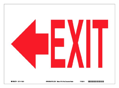 Brady 116084 10" Width x 7" Height B-563 Plastic, Red on White Color Sustainable Safety Sign, Legend "Exit Arrow Left"