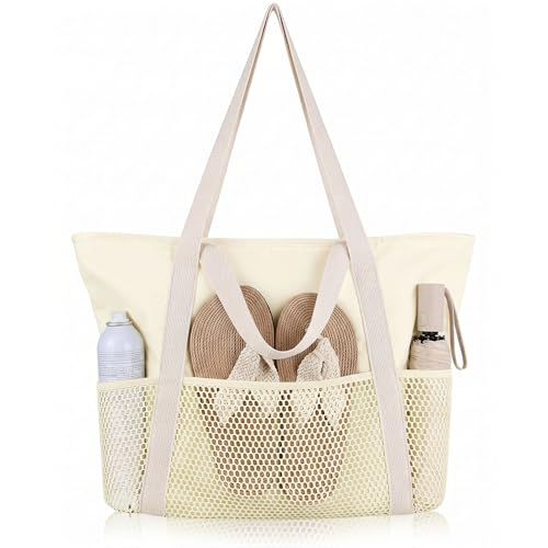 Image of HOMESPON Beach Bag Large Waterproof Sandproof Tote for Women with Zipper and Mesh Pockets