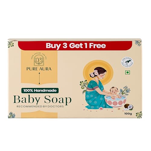Image of Pure Aura Handmade Baby Soap Pack of 4 (100g Each) - Doctor Recommended Baby Soap with Coconut Oil, Shea Butter & Jojoba Oil | Chemical-Free Care for Sensitive Skin