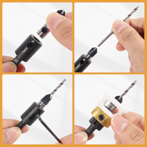 UNOSEKS Bohrsenker mit Tiefenanschlag, 6 Tlg Kegelsenker-Bohrer-Set, Senkbohrer Holz mit 1/4 Hex Schaft, Bohrer mit Senker 2.8*8,3.2*8,3.5*10,4.0*10 aus HSS-M2,Präzise Bohrungen,für Holzverarbeitung