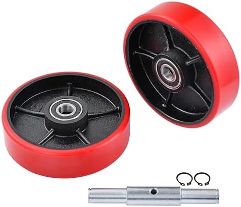 A Pair of Pallet Jack Steering Wheels 180 × 50 mm (7 × 2") Poly Tread Red color,with Bearings pre-installed, includes Axle, Fasteners by JackCraft
