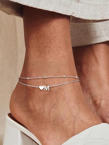 Image of PROSILVER Ankle Bracelets for Women S925 Sterling Silver Anklets for Women Waterproof, Dainty Layered Heart Anklet, Beach Initial Anklet for Summer, Letter A-Z
