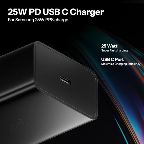 Image of AILKIN 25W GaN USB-C Superfast Charger Adapter Compatible with Samsung Galaxy S /A /M /F /Z Series-Compatible with S25 /S24 /S23 /S22 Ultra /S21 /21FE /S20 /Note /M54 /M53 5G /M33 /M23 /A34 /A54 5G /A13 & More(Black)