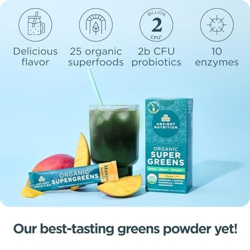 Ancient Nutrition SuperGreens Powder with Probiotics, Organic Mango Flavor Greens, Made from Real Fruits, Vegetables and Herbs, Digestive and Energy Support, 16 Stick Packs, 4.3oz - Image 4