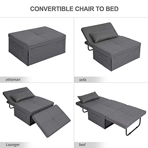 windaze Folding Ottoman Sofa Bed, 4 in 1 Multi-Function Chaise Lounge Morden Linen with 5 Position Adjustable Backrest Convertible Guest Fold Out Bed, Dark Grey
