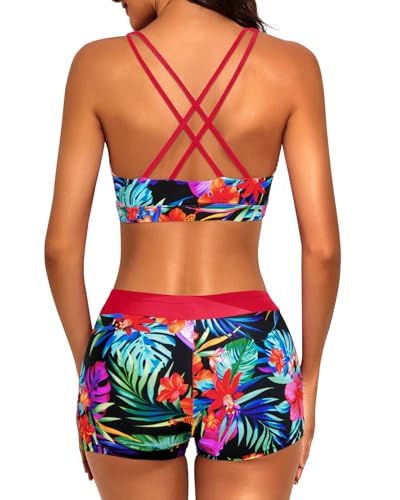 Image of 3 Piece Tankini Long Sleeve Swimsuits Athletic Rash Guard Bathing Suits | Modest,Full Coverage,High Waisted Short,Quick Dry,Criss Cross Back