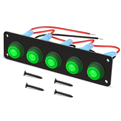 RUNCCI-YUN Panel de Interruptor Basculante de 5 bandas, InterruptorPanel de interruptor de palanca de LED Impermeable Verde 12-24V,SPST Interruptor Coche Redondo para coche, caravana, camión, barco