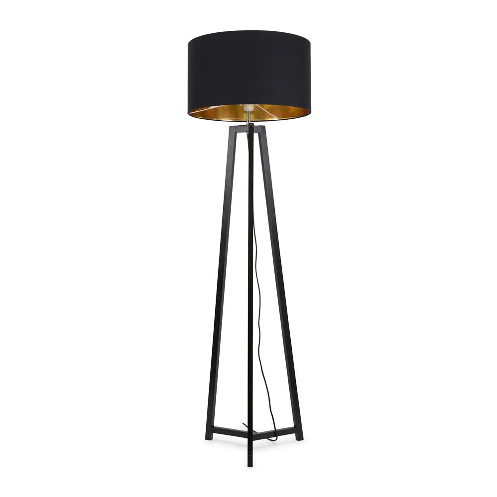 Black Wood Tripod Floor Lamp with Black/Gold Drum Lampshade Living Room Light - LED Bulb Included