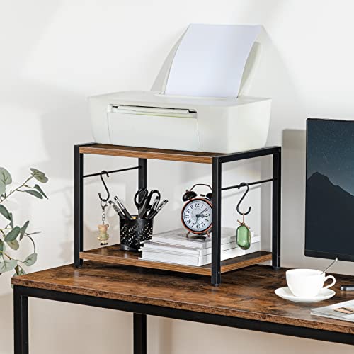 ALLOSWELL Mobile Printer Stand, 2-Tier Printer Cart with Storage, Under Desk Storage Rolling Cart on Wheels and 2 Hooks, Industrial Printer Table, for Home, Office, Scanner, Rustic Brown PTHR2001
