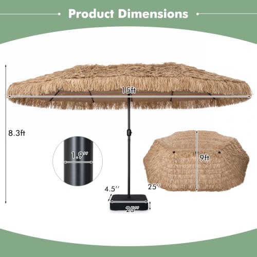Image of Tangkula 15 FT Tiki Patio Umbrella with Base Included | Hawaiian Style, PE Grass, Crank Handle, 12 Heavy-Duty Ribs, for Beach Patio Garden Pool Backyard