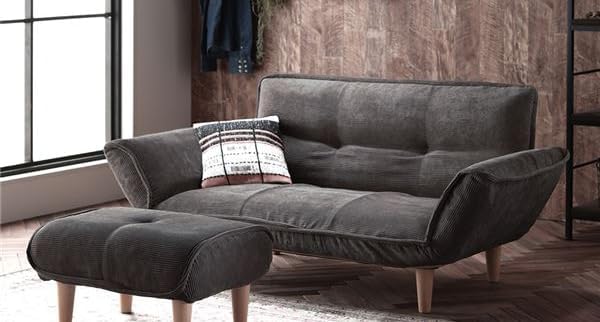 リクライニングソファ 2人掛 ＋ オットマン コーデュロイ生地 チャコールグレー 脚部 ナチュラル 日本製 ローソファ top1-d