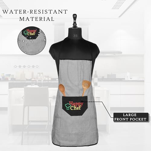 Image of Kuber Industries (Pack of 3) Kitchen Apron | Cooking Apron for Men | Waterproof Apron | Apron for Restaurant | Kitchen Dress for Women | Apron for Chef | Front Pocket | Barik Check | Black