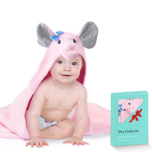 Image of Pro Goleem Baby Hooded Towel Cute Elephant Soft Cotton Baby Girl Bath Towel Gift for Newborn, Infant, Toddler, 30x30 Inches
