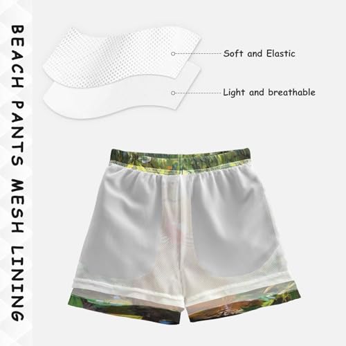 DOMIKING Capybara Forest Green Boys' Pull On Swim Trunks Quick Dry Boardshorts with Mesh Lining for Swimming Hiking M4