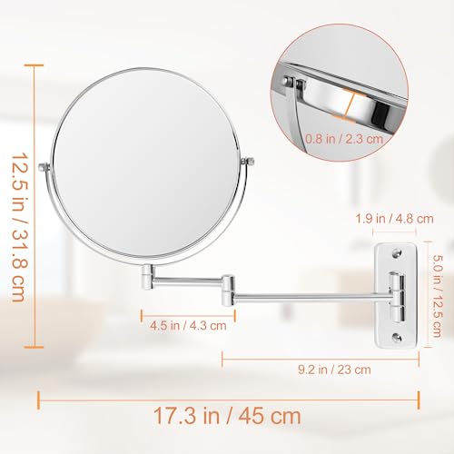 FFowcye 8” Wall Mounted Makeup Mirror - 1X/10X Double Sided Magnifying Bathroom Mirror, 360° Swivel Extendable Vanity Shaving Mirror with Adjustable Arm for Bathroom, Chrome(No Light) by FFowcye - Used condition - Image 3