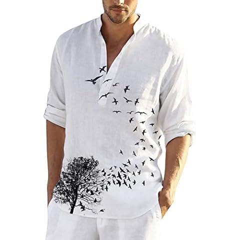 Mens Hawaiian Shirts Mexican Style Short Sleeve Linen Beach Button Down Shirts Big and Tall Henley Shirt Black Cover