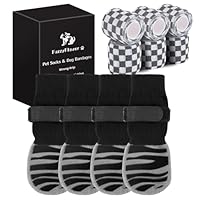 FuzzyFlavor Non Slip Dog Socks for Hardwood Floors| Pet Socks to Prevent Licking Paws with 6 Pack Vet Wrap| Dog Boots & Paw Protectors for Small/Medium/Large Senior Dogs