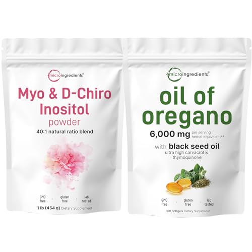 Micro Ingredients Oil of Oregano Softgels 6,000mg Per Serving & Myo & D-Chiro Inositol Powder Bundle 2 Pack | 4X Strength Carvacrol & Thymoquinone | Inositol Supplement for Women