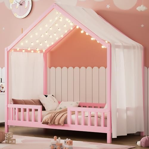 Image of Twin Size Wood House-Shape Platform Bed with Roof Frame and Canopy, Montessori Floor Bed with High Railings and Slat Support for Kids Girls Boys, No Box Spring Needed (Pink-05, Twin)