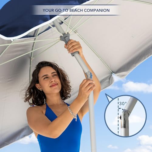 Image of AMMSUN 7ft Beach Umbrella with Sand Anchor Sand Screw, Tilt, Windproof, Sun Protection,UPF 50+ Silver Coating Inside and Telescoping Pole for Outdoor Patio (Solid Navy)