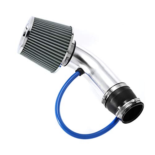 Partol 3" Cold Air Intake Pipe, Universal Cold Air Intake Induction Kit Aluminum Air Intake Pipe Hose With Filter - Silver
