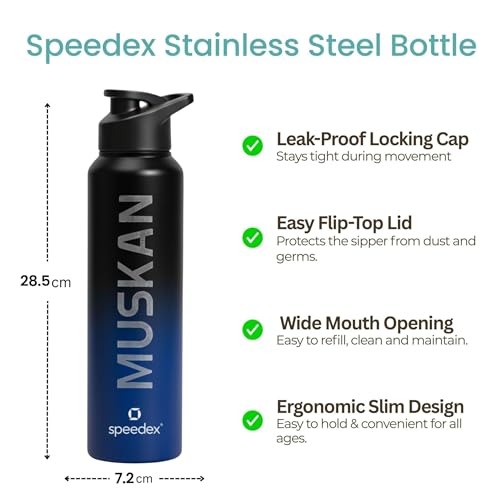 Image of Speedex Engraved Name Stainless Steel Sipper Water Bottle 1 Ltr - Customised Personalised Bottle for Kids & Adults, School, Gym, Sports, Black, Set of 1 (Black Blue, Set Of 1)