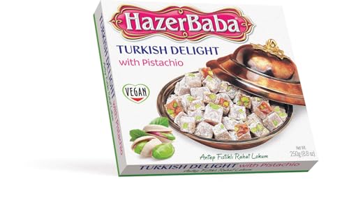 Hazer Baba Turkish Delight Candy, Gourmet Snacks Box Gift, Traditional, Pomegranate, Zereshk, Vegan Candy Lokum, Premium Quality Snacks Gift Box 8.8 Oz