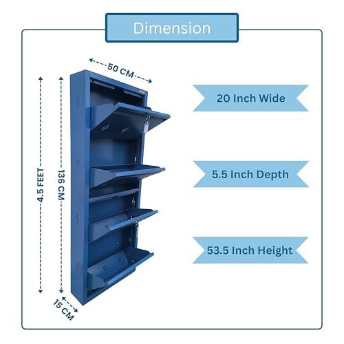 Image of 20 Inch Wall Mounted Metal Shoe Rack with 4 Door Cabinet, Slim Space Saving Storage Organizer for Modern Home Use (Royal Blue, 4 Door)
