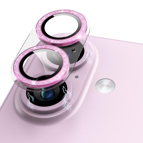 Protection objectif iPhone 17 et 16 rose pailleté en verre trempé 9H et aluminium