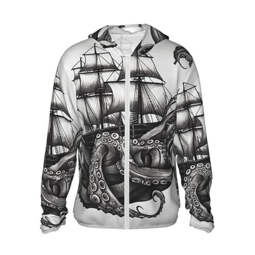 UPF 50+ Sun Protection Hoodie Rash Guard Long Sleeve Sun Shirt Black and White Octopus and Ship UV Shirt Full Zip Jacket