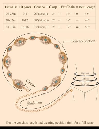 Image of TOPACC Western Metal Concho Belt for Women Cowgirl Chain Belts for Dresses Jeans Country Concert Outfit