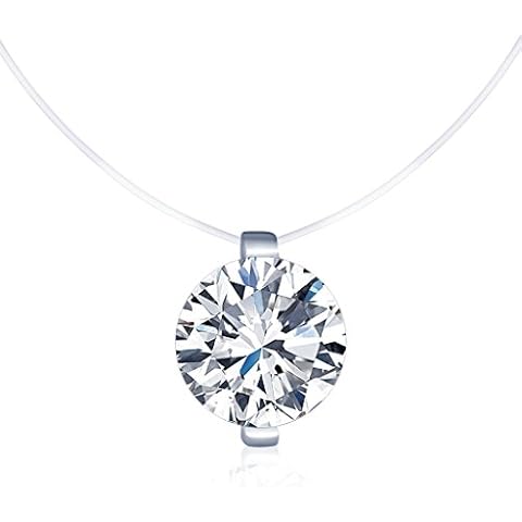 Belons 925 Sterling Silver 8mm Cubic Zirconia Women Girls Solitaire Pendant Necklace Invisible Nylon Chain Choker Cover